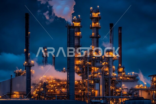 الصناعات التنموية المساهمة في نهضة الاقتصاد الوطني السعودي، معامل الصناعة في المملكة العربية السعودية، تصاعد الدخان من المصانع وتلويث البيئة، مستودعات وخزانات كبيرة وضخمة، محطة صناعية بالأبراج والهياكل المعدينة في وقت الغروب، الاعتماد على الانتاج الوطني المحلي