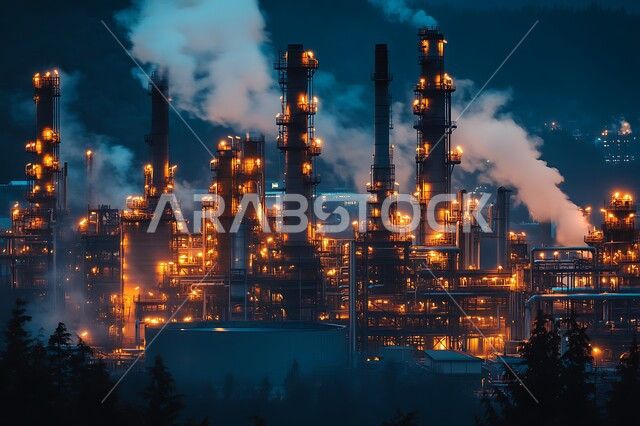 الصناعات التنموية المساهمة في نهضة الاقتصاد الوطني السعودي، معامل الصناعة في المملكة العربية السعودية، تصاعد الدخان من المصانع وتلويث البيئة، مستودعات وخزانات كبيرة وضخمة، محطة صناعية بالأبراج والهياكل المعدينة في وقت الغروب، الاعتماد على الانتاج الوطني المحلي