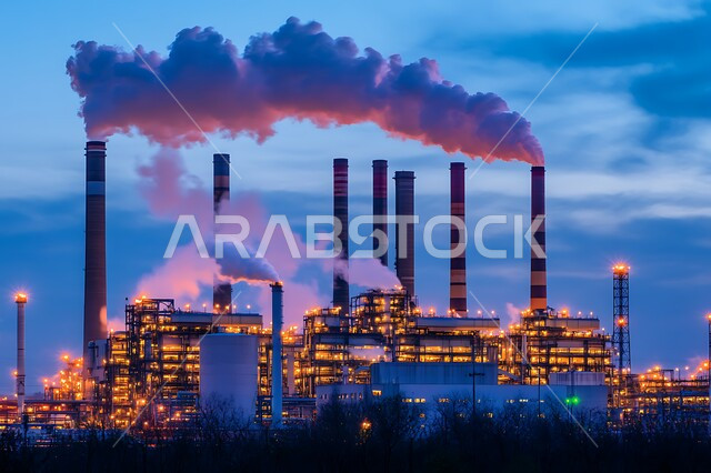 الصناعات التنموية المساهمة في نهضة الاقتصاد الوطني السعودي، معامل الصناعة في المملكة العربية السعودية، تصاعد الدخان من المصانع وتلويث البيئة، مستودعات وخزانات كبيرة وضخمة، محطة صناعية بالأبراج والهياكل المعدينة في وقت الغروب، الاعتماد على الانتاج الوطني المحلي