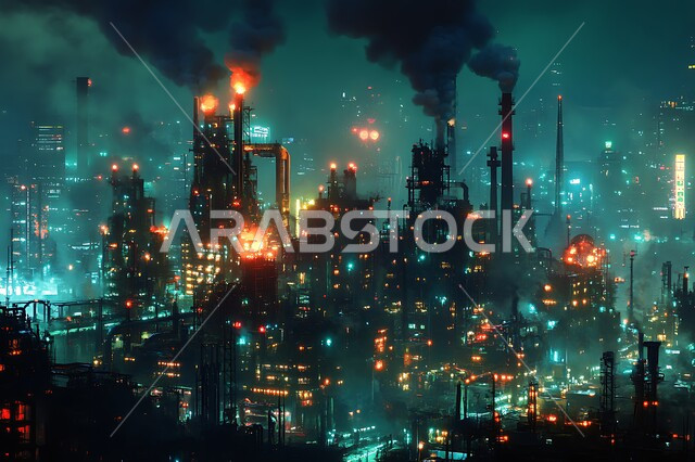 الصناعات التنموية المساهمة في نهضة الاقتصاد الوطني السعودي، معامل الصناعة في المملكة العربية السعودية، تصاعد الدخان من المصانع وتلويث البيئة، مستودعات وخزانات كبيرة وضخمة، محطة صناعية بالأبراج والهياكل المعدينة في وقت الغروب، الاعتماد على الانتاج الوطني المحلي