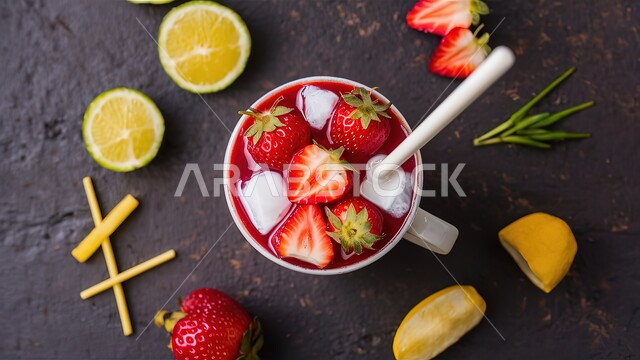 كوكتيل صيفي منعش ومثلج، صورة مقربة لكوب من عصير الفواكه المشكلة اللذيذ المزين بقطع الفراولة، مشروب بارد خليط من الفواكه والحليب، مشروبات باردة وعصائر طبيعية لذيذة، عصير صحي ومفيد