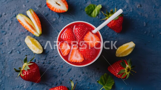 كوكتيل صيفي منعش ومثلج، صورة مقربة لكوب من عصير الفواكه المشكلة اللذيذ المزين بقطع الفراولة، مشروب بارد خليط من الفواكه والحليب، مشروبات باردة وعصائر طبيعية لذيذة، عصير صحي ومفيد