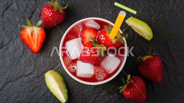 كوكتيل صيفي منعش ومثلج، صورة مقربة لكوب من عصير الفواكه المشكلة اللذيذ المزين بقطع الفراولة، مشروب بارد خليط من الفواكه والحليب، مشروبات باردة وعصائر طبيعية لذيذة، عصير صحي ومفيد