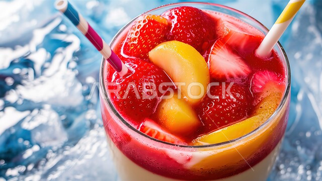 كوكتيل صيفي منعش ومثلج، صورة مقربة لكوب من عصير الفواكه المشكلة اللذيذ المزين بقطع الفراولة، مشروب بارد خليط من الفواكه والحليب، مشروبات باردة وعصائر طبيعية لذيذة، عصير صحي ومفيد
