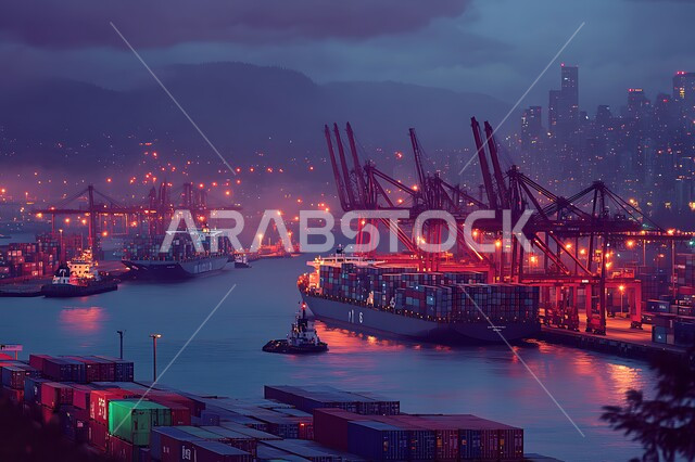 التجارة البحرية عبر الموانئ في المملكة العربية السعودية، تعبئة وشحن الحاويات والبضائع التجارية وكوتينرات التخزين، مرفأ تجاري لتوصيل السلع والمنتجات المحلية عبر السفن في البحار، الصناعة والاقتصاد البحري