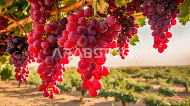 موسم حصاد وقطاف الثمار, عناقيد العنب الشهية على الأشجار في المزرعة, منتجات ومحاصيل زراعية وطنية محلية, مزارع وحقول الفاكهة في المملكة العربية السعودية
