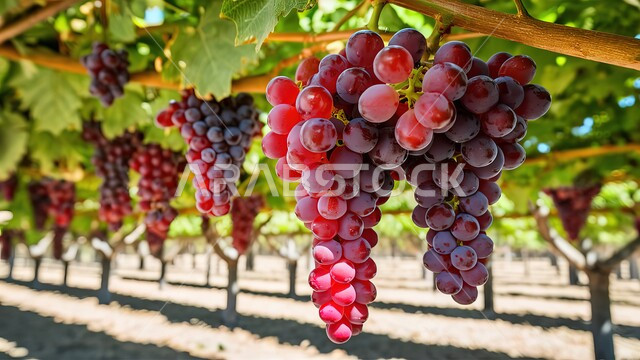موسم حصاد وقطاف الثمار, عناقيد العنب الشهية على الأشجار في المزرعة, منتجات ومحاصيل زراعية وطنية محلية, مزارع وحقول الفاكهة في المملكة العربية السعودية