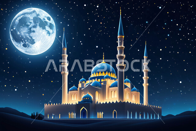 مجسم ثلاثي الأبعاد لمسجد في وقت الليل، مفهوم الطاعة والتقرب إلى الله، الأماكن والمعالم الدينية الإسلامية، تصاميم معاصرة لمآذن وقبب المساجد المبنية على الطراز الإسلامي، الفن الهندسي المعماري في بناء دور العبادة، خلفية السماء المرصعة بالنجوم يتوسطها القمر ليلاً