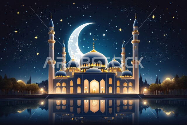 مجسم ثلاثي الأبعاد لمسجد في وقت الليل، مفهوم الطاعة والتقرب إلى الله، الأماكن والمعالم الدينية الإسلامية، تصاميم معاصرة لمآذن وقبب المساجد المبنية على الطراز الإسلامي، الفن الهندسي المعماري في بناء دور العبادة، خلفية السماء المرصعة بالنجوم يتوسطها القمر ليلاً