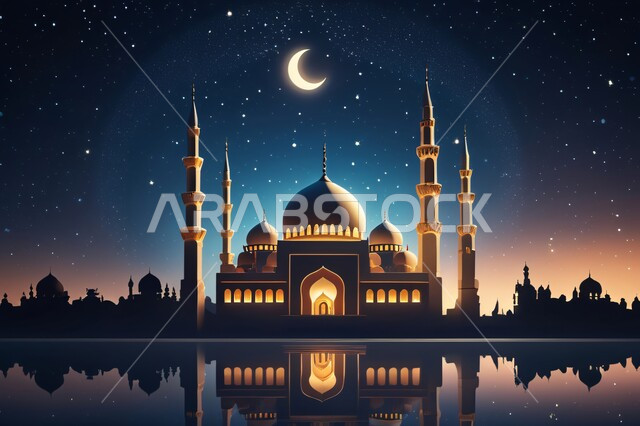 مجسم ثلاثي الأبعاد لمسجد في وقت الليل، مفهوم الطاعة والتقرب إلى الله، الأماكن والمعالم الدينية الإسلامية، تصاميم معاصرة لمآذن وقبب المساجد المبنية على الطراز الإسلامي، الفن الهندسي المعماري في بناء دور العبادة، خلفية السماء المرصعة بالنجوم يتوسطها القمر ليلاً