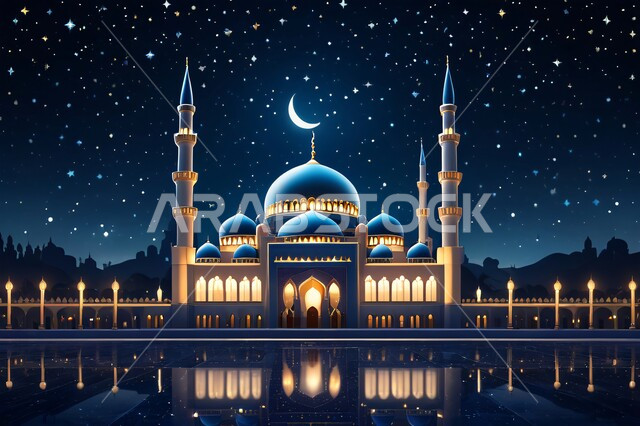 مجسم ثلاثي الأبعاد لمسجد في وقت الليل، مفهوم الطاعة والتقرب إلى الله، الأماكن والمعالم الدينية الإسلامية، تصاميم معاصرة لمآذن وقبب المساجد المبنية على الطراز الإسلامي، الفن الهندسي المعماري في بناء دور العبادة، خلفية السماء المرصعة بالنجوم يتوسطها القمر ليلاً