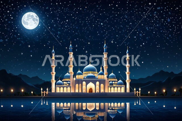الأماكن والمعالم الدينية الإسلامية، مجسم ثلاثي الأبعاد لمسجد في وقت الليل، مفهوم الطاعة والتقرب إلى الله، تصاميم معاصرة لمآذن وقبب المساجد المبنية على الطراز الإسلامي، الفن الهندسي المعماري في بناء دور العبادة، خلفية السماء المرصعة بالنجوم يتوسطها القمر ليلاً