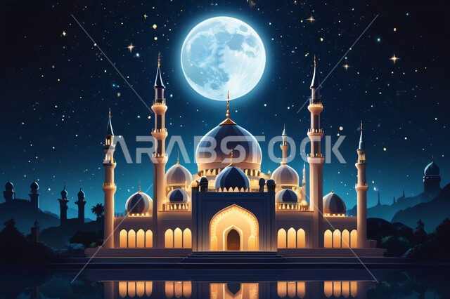 الأماكن والمعالم الدينية الإسلامية، مجسم ثلاثي الأبعاد لمسجد في وقت الليل، مفهوم الطاعة والتقرب إلى الله، تصاميم معاصرة لمآذن وقبب المساجد المبنية على الطراز الإسلامي، الفن الهندسي المعماري في بناء دور العبادة، خلفية السماء المرصعة بالنجوم يتوسطها القمر ليلاً