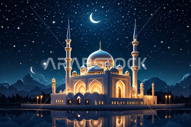 الأماكن والمعالم الدينية الإسلامية، مجسم ثلاثي الأبعاد لمسجد في وقت الليل، مفهوم الطاعة والتقرب إلى الله، تصاميم معاصرة لمآذن وقبب المساجد المبنية على الطراز الإسلامي، الفن الهندسي المعماري في بناء دور العبادة، خلفية السماء المرصعة بالنجوم يتوسطها القمر ليلاً