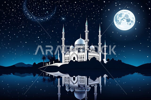 الأماكن والمعالم الدينية الإسلامية، مجسم ثلاثي الأبعاد لمسجد في وقت الليل، مفهوم الطاعة والتقرب إلى الله، تصاميم معاصرة لمآذن وقبب المساجد المبنية على الطراز الإسلامي، الفن الهندسي المعماري في بناء دور العبادة، خلفية السماء المرصعة بالنجوم يتوسطها القمر ليلاً