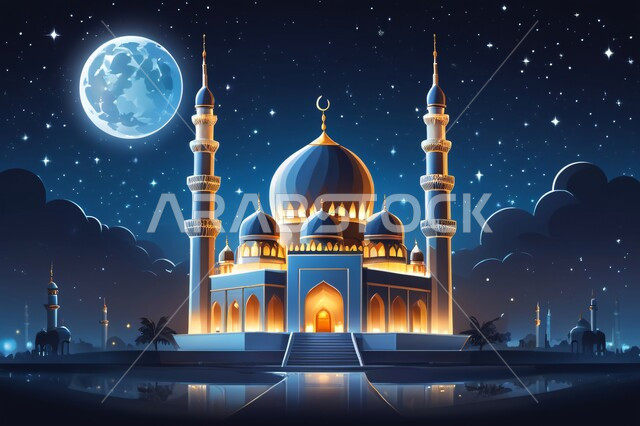الأماكن والمعالم الدينية الإسلامية، مجسم ثلاثي الأبعاد لمسجد في وقت الليل، مفهوم الطاعة والتقرب إلى الله، تصاميم معاصرة لمآذن وقبب المساجد المبنية على الطراز الإسلامي، الفن الهندسي المعماري في بناء دور العبادة، خلفية السماء المرصعة بالنجوم يتوسطها القمر ليلاً