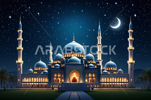 Contemporary designs of minarets and domes of mosques built in the Islamic style, Islamic religious places and landmarks, 3D model of a mosque at night, the concept of obedience and closeness to God, architectural engineering art in building places of worship, starry sky background with the moon in the middle at night