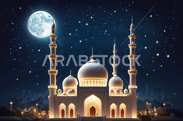 Contemporary designs of minarets and domes of mosques built in the Islamic style, Islamic religious places and landmarks, 3D model of a mosque at night, the concept of obedience and closeness to God, architectural engineering art in building places of worship, starry sky background with the moon in the middle at night