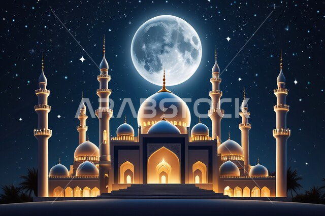 تصاميم معاصرة لمآذن وقبب المساجد المبنية على الطراز الإسلامي، الأماكن والمعالم الدينية الإسلامية، مجسم ثلاثي الأبعاد لمسجد في وقت الليل، مفهوم الطاعة والتقرب إلى الله، الفن الهندسي المعماري في بناء دور العبادة، خلفية السماء المرصعة بالنجوم يتوسطها القمر ليلاً