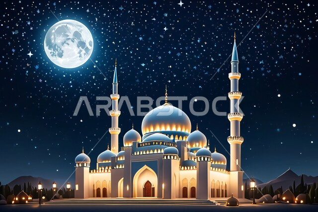 تصاميم معاصرة لمآذن وقبب المساجد المبنية على الطراز الإسلامي، الأماكن والمعالم الدينية الإسلامية، مجسم ثلاثي الأبعاد لمسجد في وقت الليل، مفهوم الطاعة والتقرب إلى الله، الفن الهندسي المعماري في بناء دور العبادة، خلفية السماء المرصعة بالنجوم يتوسطها القمر ليلاً