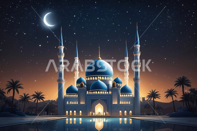 تصاميم معاصرة لمآذن وقبب المساجد المبنية على الطراز الإسلامي، الأماكن والمعالم الدينية الإسلامية، مجسم ثلاثي الأبعاد لمسجد في وقت الليل، مفهوم الطاعة والتقرب إلى الله، الفن الهندسي المعماري في بناء دور العبادة، خلفية السماء المرصعة بالنجوم يتوسطها القمر ليلاً