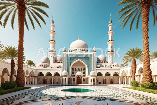  الفن الهندسي المعماري في بناء دور العبادة، تصاميم معاصرة لمآذن وقبب المساجد المبنية على الطراز الإسلامي، الأماكن والمعالم الدينية الإسلامية، مفهوم الطاعة والتقرب إلى الله، مجسم ثلاثي الأبعاد لمسجد بديكورات حديثة في الطبيعة، خلفية السماء الصافية في وقت النهار
