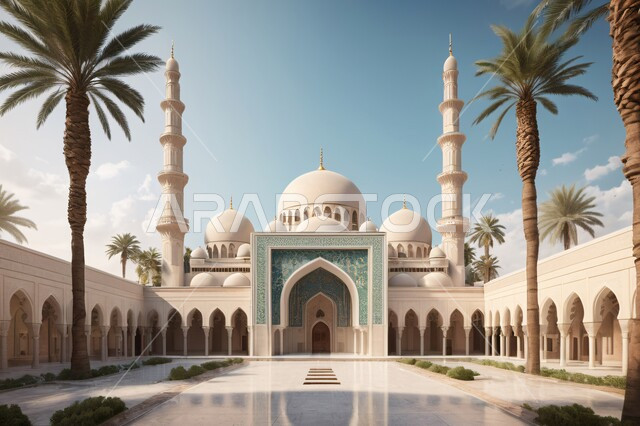  الفن الهندسي المعماري في بناء دور العبادة، تصاميم معاصرة لمآذن وقبب المساجد المبنية على الطراز الإسلامي، الأماكن والمعالم الدينية الإسلامية، مفهوم الطاعة والتقرب إلى الله، مجسم ثلاثي الأبعاد لمسجد بديكورات حديثة في الطبيعة، خلفية السماء الصافية في وقت النهار
