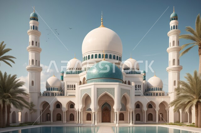  الفن الهندسي المعماري في بناء دور العبادة، تصاميم معاصرة لمآذن وقبب المساجد المبنية على الطراز الإسلامي، الأماكن والمعالم الدينية الإسلامية، مفهوم الطاعة والتقرب إلى الله، مجسم ثلاثي الأبعاد لمسجد بديكورات حديثة في الطبيعة، خلفية السماء الصافية في وقت النهار