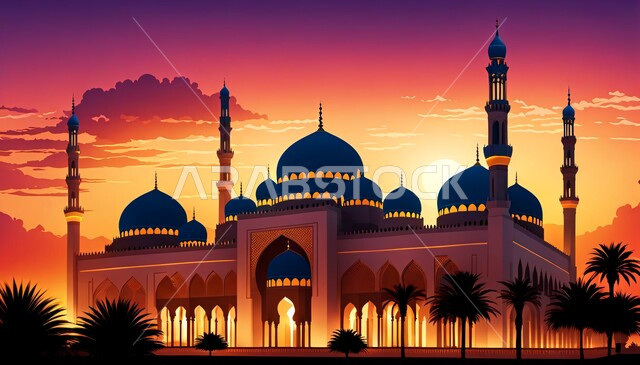  الأماكن والمعالم الدينية الإسلامية، الفن الهندسي المعماري في بناء دور العبادة، تصاميم معاصرة لمآذن وقبب المساجد المبنية على الطراز الإسلامي،مفهوم الطاعة والتقرب إلى الله، مجسم ثلاثي الأبعاد لمسجد بديكورات حديثة في الطبيعة، خلفية السماء في وقت الغروب