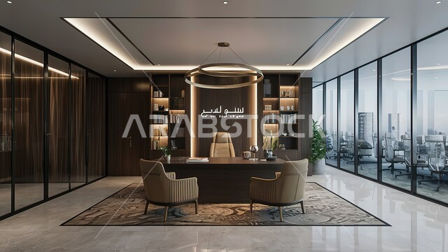 تصميمات وديكورات داخلية أنيقة مع أثاث فخم ومريح لغرف المكاتب، هندسة معمارية متطورة، غرف للقراءة والجلوس، مكتب عمل بواجهة زجاجية كبيرة، تصميم عصري حديث لمكاتب الشركات السعودية.