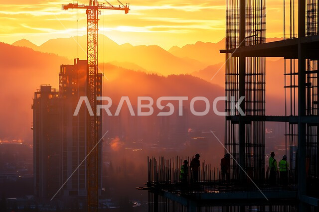 أعمال البناء وصب الخرسانات ووضع الأساسات, تنفيذ مخطط الإعمار وتشكيل الهيكل المعدني, مبنى قيد الانشاء في المملكة العربية السعودية, الآلات والمعدات الثقيلة والرافعات والسقالات العالية, مفهوم الهندسة الانشائية والمعمارية, برج تحت التشييد باستخدام الآليات الحديثة