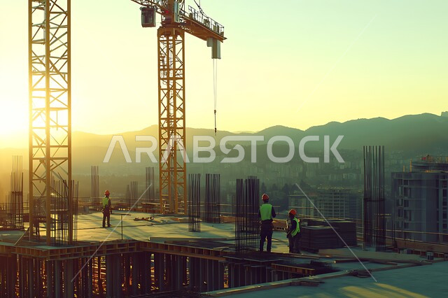 مبنى قيد الانشاء في المملكة العربية السعودية, أعمال البناء وصب الخرسانات ووضع الأساسات, تنفيذ مخطط الإعمار وتشكيل الهيكل المعدني, الآلات والمعدات الثقيلة والرافعات والسقالات العالية, مفهوم الهندسة الانشائية والمعمارية, برج تحت التشييد باستخدام الآليات الحديثة