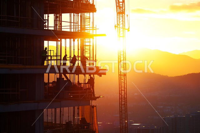 مبنى قيد الانشاء في المملكة العربية السعودية, أعمال البناء وصب الخرسانات ووضع الأساسات, تنفيذ مخطط الإعمار وتشكيل الهيكل المعدني, الآلات والمعدات الثقيلة والرافعات والسقالات العالية, مفهوم الهندسة الانشائية والمعمارية, برج تحت التشييد باستخدام الآليات الحديثة