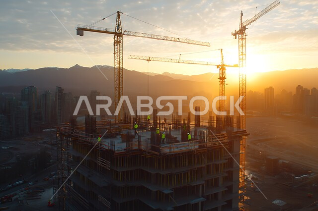 مفهوم الهندسة الانشائية والمعمارية, مبنى قيد الانشاء في المملكة العربية السعودية, أعمال البناء وصب الخرسانات ووضع الأساسات, تنفيذ مخطط الإعمار وتشكيل الهيكل المعدني, الآلات والمعدات الثقيلة والرافعات والسقالات العالية, برج تحت التشييد باستخدام الآليات الحديثة