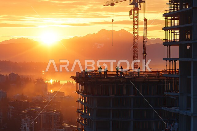 برج تحت التشييد باستخدام الآليات الحديثة، مفهوم الهندسة الانشائية والمعمارية, مبنى قيد الانشاء في المملكة العربية السعودية, أعمال البناء وصب الخرسانات ووضع الأساسات, تنفيذ مخطط الإعمار وتشكيل الهيكل المعدني, الآلات والمعدات الثقيلة والرافعات والسقالات العالية