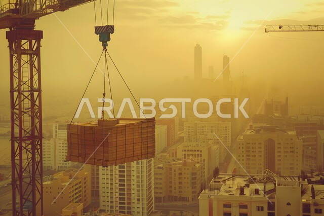 مبنى قيد الانشاء في المملكة العربية السعودية, الآلات والمعدات الثقيلة والرافعات والسقالات العالية, مفهوم الهندسة الانشائية والمعمارية, أعمال البناء وصب الخرسانات ووضع الأساسات, تنفيذ مخطط الإعمار وتشكيل الهيكل المعدني