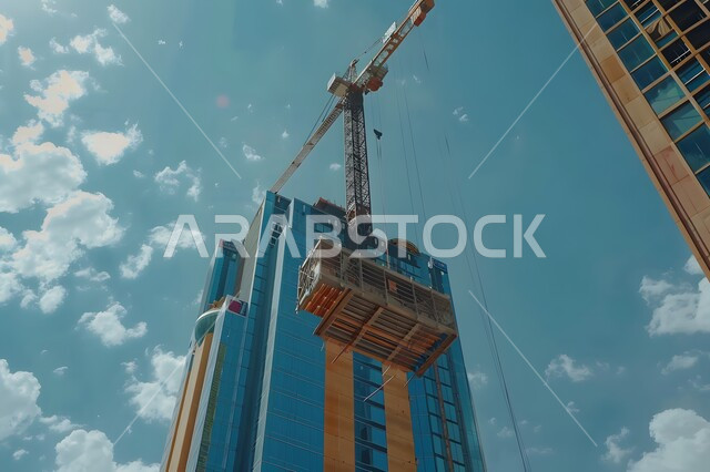 مبنى قيد الانشاء في المملكة العربية السعودية, الآلات والمعدات الثقيلة والرافعات والسقالات العالية, مفهوم الهندسة الانشائية والمعمارية, أعمال البناء وصب الخرسانات ووضع الأساسات, تنفيذ مخطط الإعمار وتشكيل الهيكل المعدني