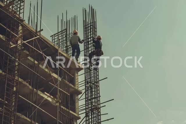 Building under construction in Saudi Arabia, heavy machinery and equipment, cranes and high scaffolding, concept of structural and architectural engineering, construction works, concrete pouring and foundation laying, implementation of construction plan and metal structure formation