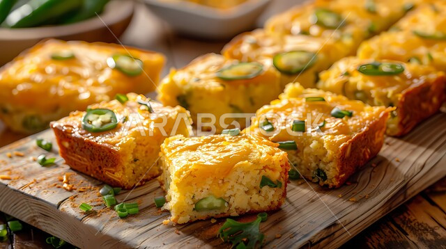 خبز الذرة اللذيذ مع الجبنة المزين بشرائح الفلفل الأخضر المقدم على لوح خشبي، المأكولات و الأطعمة الشهية، فنون تقديم الطعام في مطاعم المملكة العربية السعودية، أطباق عربية شرقية مشهورة