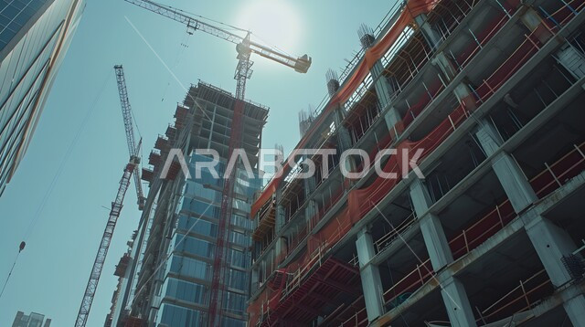 اعمال البناء وصب الخرسانات ووضع الأساسات، الآلات والمعدات الثقيلة والرافعات والسقالات العالية, مبنى قيد الانشاء في المملكة العربية السعودية, مفهوم الهندسة الانشائية والمعمارية، تنفيذ مخطط الإعمار وتشكيل الهيكل المعدني