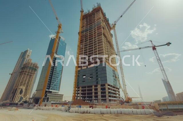 Construction works, concrete pouring and foundation laying, heavy machinery and equipment, cranes and high scaffolding, building under construction in Saudi Arabia, concept of structural and architectural engineering, implementation of construction plan and formation of metal structure