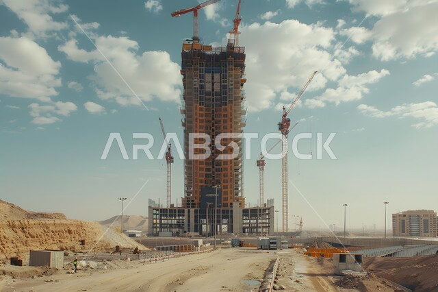 اعمال البناء وصب الخرسانات ووضع الأساسات، الآلات والمعدات الثقيلة والرافعات والسقالات العالية, مبنى قيد الانشاء في المملكة العربية السعودية, مفهوم الهندسة الانشائية والمعمارية، تنفيذ مخطط الإعمار وتشكيل الهيكل المعدني