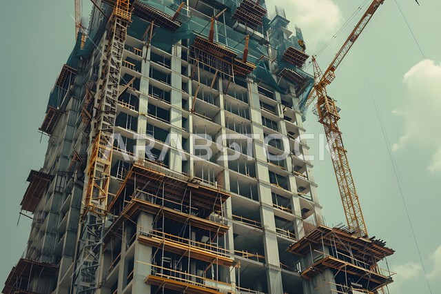 Construction works, concrete pouring and foundation laying, heavy machinery and equipment, cranes and high scaffolding, building under construction in Saudi Arabia, concept of structural and architectural engineering, implementation of construction plan and formation of metal structure