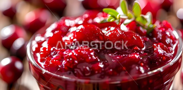 وعاء زجاجي من مربى التوت الطازج، الأساليب الفنية في تقديم الطعام، حلويات وسكريات شهية، وجبات وفواكه صحية غنية بالفيتامينات، فنون صناعة صوصات الحلوى في مطابخ ومطاعم المملكة العربية السعودية