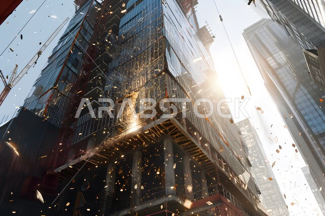 اعمال البناء وصب الخرسانات ووضع الأساسات، الآلات والمعدات الثقيلة والرافعات والسقالات العالية, مبنى قيد الانشاء في المملكة العربية السعودية, مفهوم الهندسة الانشائية والمعمارية، تنفيذ مخطط الإعمار وتشكيل الهيكل المعدني