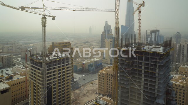 اعمال البناء وصب الخرسانات ووضع الأساسات، الآلات والمعدات الثقيلة والرافعات والسقالات العالية, مبنى قيد الانشاء في المملكة العربية السعودية, مفهوم الهندسة الانشائية والمعمارية، تنفيذ مخطط الإعمار وتشكيل الهيكل المعدني