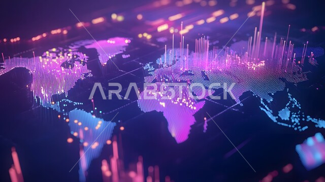 مراقبة الرسوم والمخططات البيانية، تحليل البيانات المالية والمصرفية، دمج التكنولوجيا المتطورة مع العمل، سوق البورصة العالمي، تداول العملة الرقمية، مفهوم التجارة والاقتصاد، ارتفاع وانخفاض الأسهم، الرسم البياني الشريطي والخطي الموضح للمؤشرات الاقتصادية حول العالم