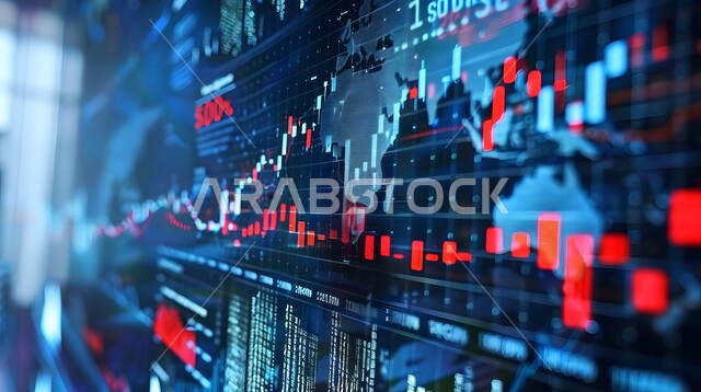 Monitoring charts and graphs, analyzing financial and banking data, integrating advanced technology with business, global stock market, digital currency trading, concept of trade and economy, rise and fall of stocks, bar and line chart showing economic indicators around the world