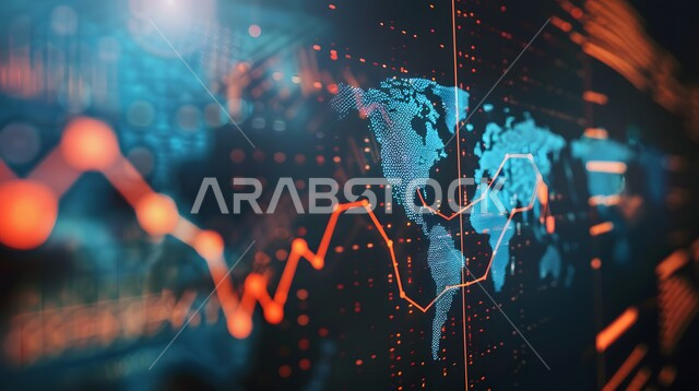 مراقبة الرسوم والمخططات البيانية، تحليل البيانات المالية والمصرفية، دمج التكنولوجيا المتطورة مع العمل، سوق البورصة العالمي، تداول العملة الرقمية، مفهوم التجارة والاقتصاد، ارتفاع وانخفاض الأسهم، الرسم البياني الشريطي والخطي الموضح للمؤشرات الاقتصادية حول العالم