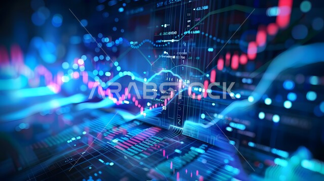 مراقبة الرسوم والمخططات البيانية، تحليل البيانات المالية والمصرفية، دمج التكنولوجيا المتطورة مع العمل، سوق البورصة العالمي، تداول العملة الرقمية، مفهوم التجارة والاقتصاد، ارتفاع وانخفاض الأسهم، الرسم البياني الشريطي والخطي الموضح للمؤشرات الاقتصادية حول العالم